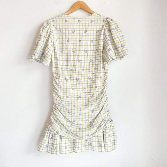 NWT Zara Gingham Floral Embroidered Gathered Puff Sleeve Mini Dress L - Picture 3 of 5
